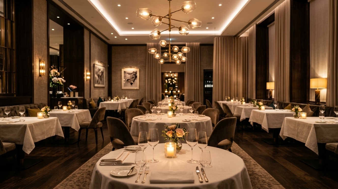 Elegant fine dining restaurant prepared for evening service